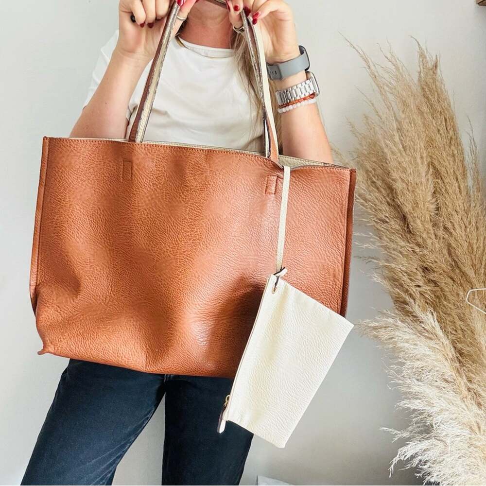 ANTHROPOLOGIE Brown Off White Zip Pouch Vegan Leather Carryall Tote Purse Bag